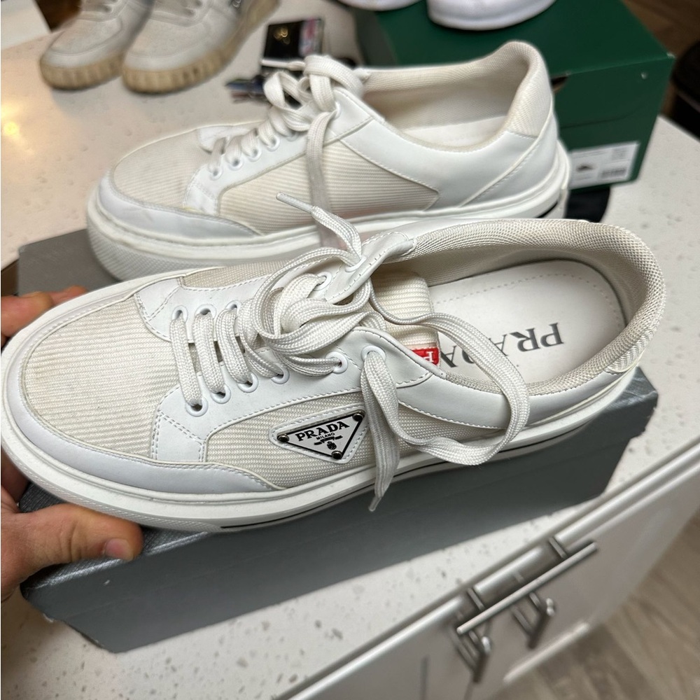 Prada Cream and White Lace-Up Sneakers